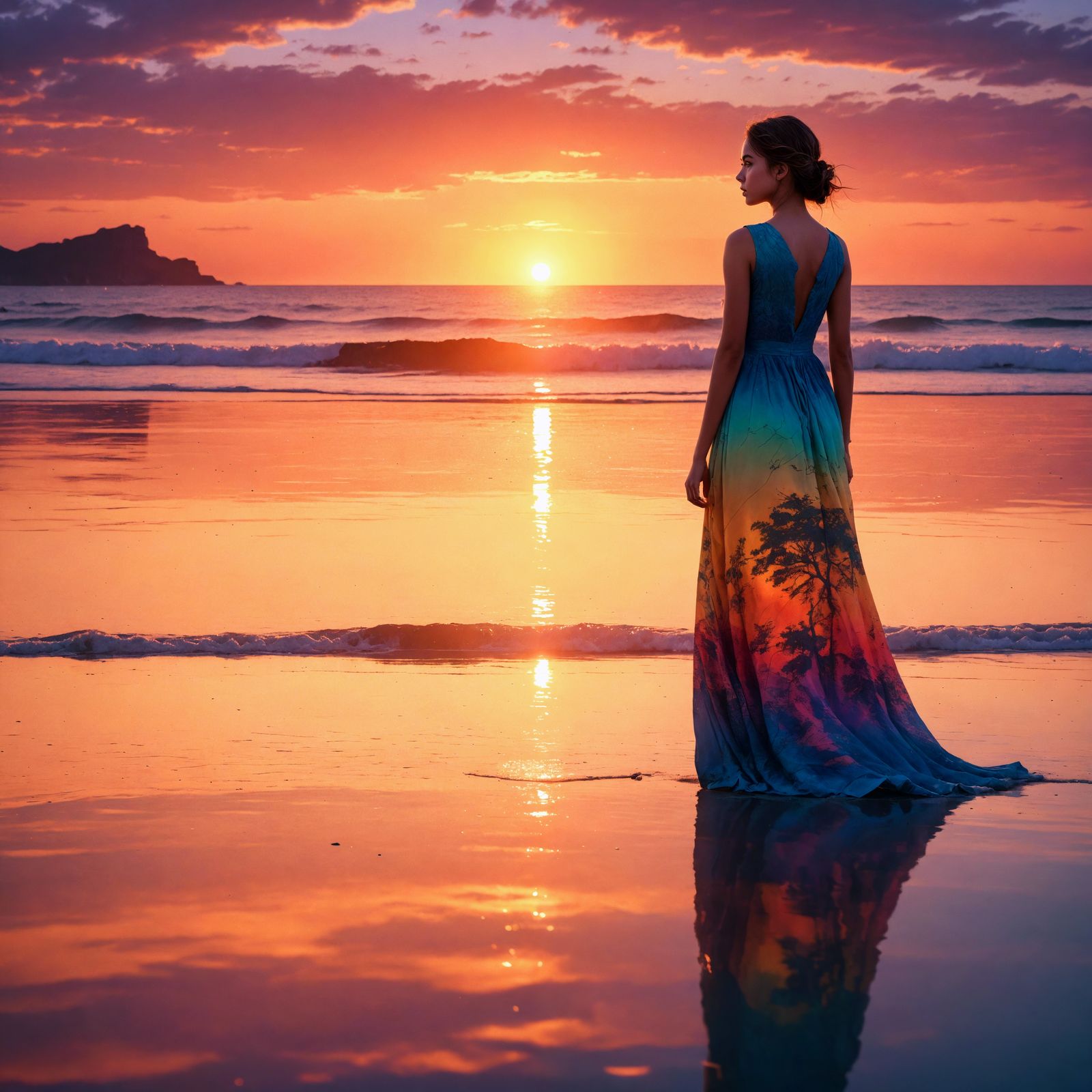 Girl Melds with Sunset Coast: 8K Double Exposure