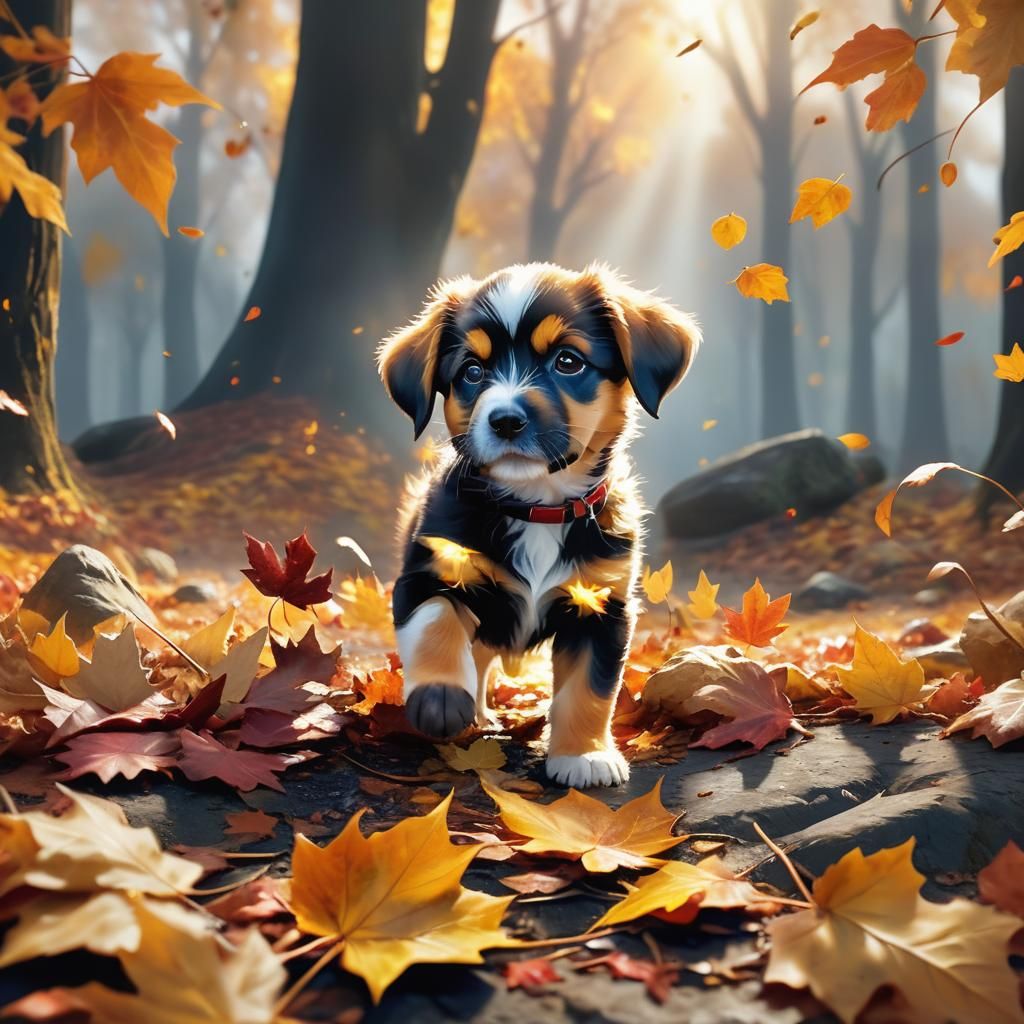 Cute Puppy Plays in Autumn Leaves: Oil Painting