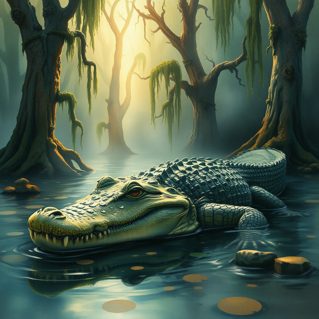 Mystical Crocodile in Fantasy Swamp, Watercolor Painting