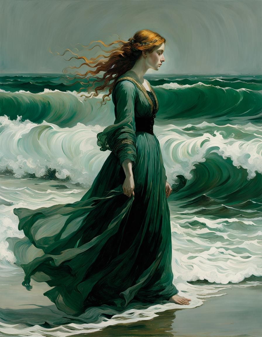 Stoic Widow Beachcombing in Luminous Waves