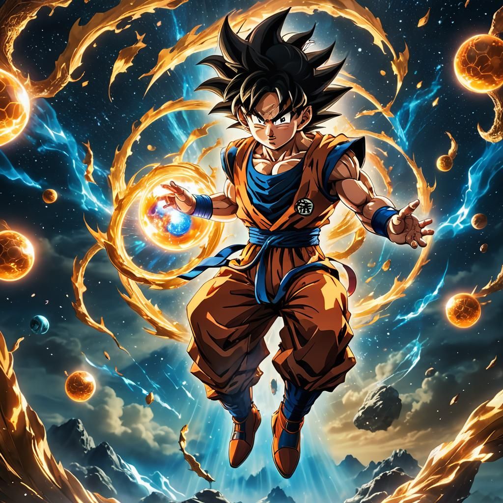 Goku with Dragon Ball in Retro Sci-Fi Style