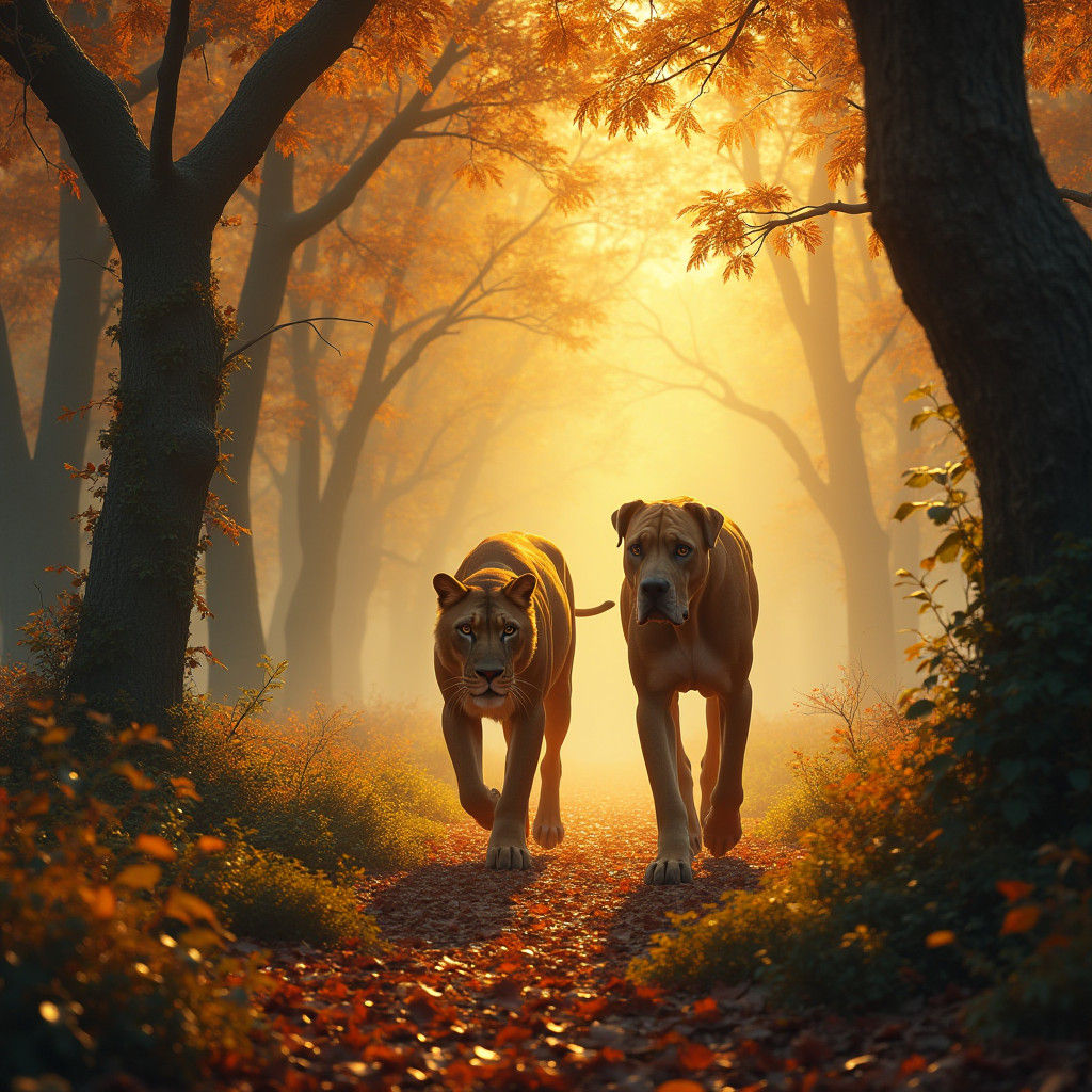 Rhodesian Ridgeback and Lion in Autumn Forest