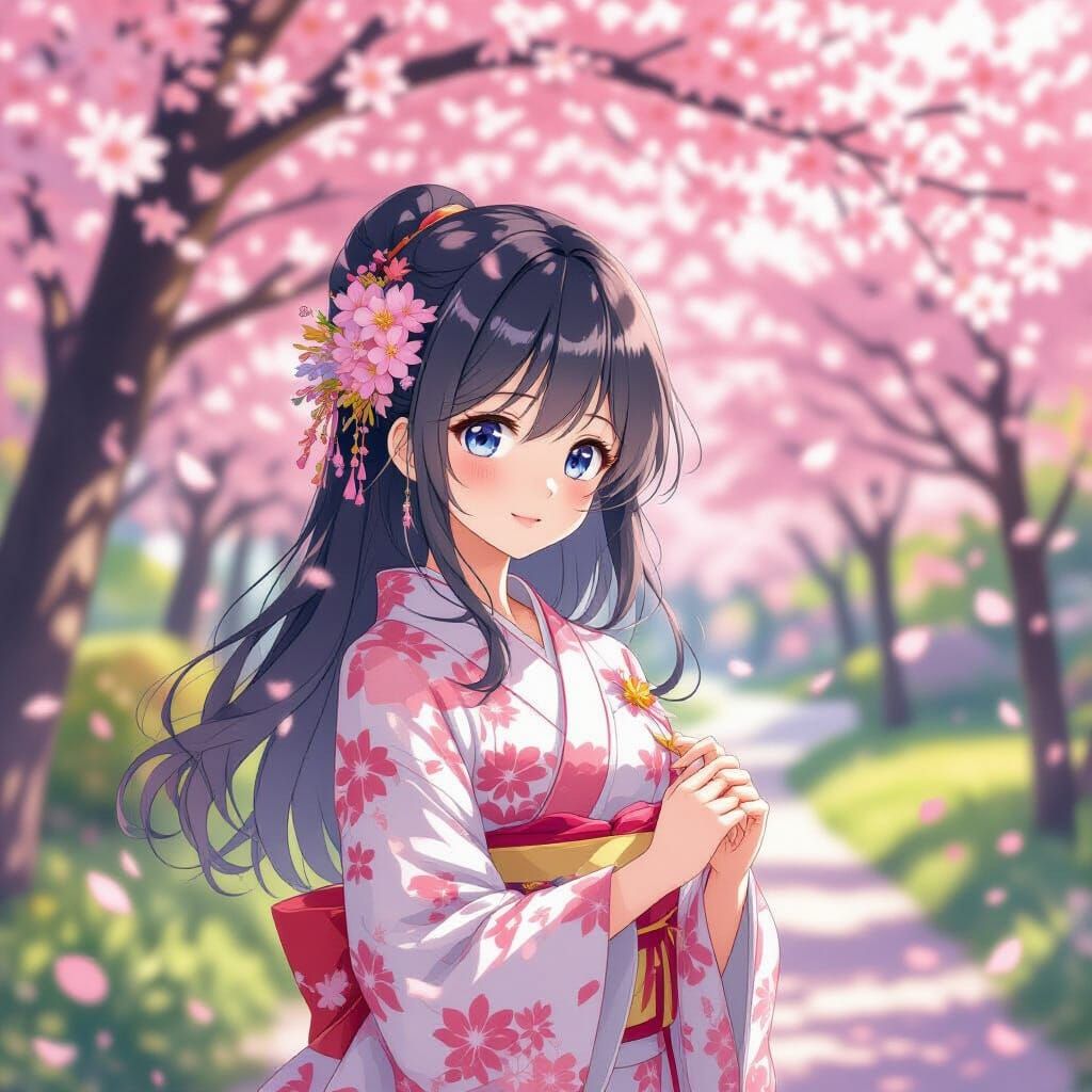Anime Girl in Cherry Blossom Garden, Ghibli Style