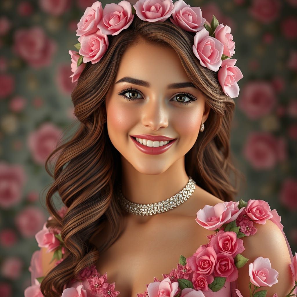 Vibrant Young Woman with Floral Hair and Delicate Jewelry in...
