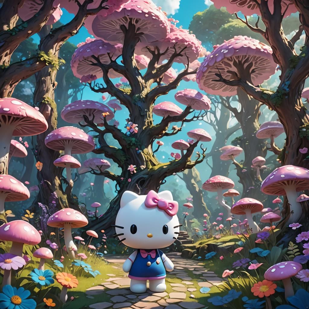 Hello Kitty in a Fantasy Art Nouveau Garden