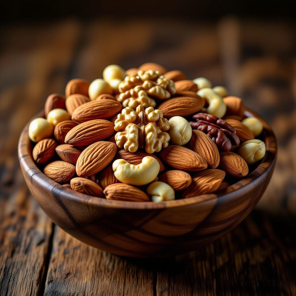 Hyperrealistic Bowl of Mixed Nuts on Rustic Table