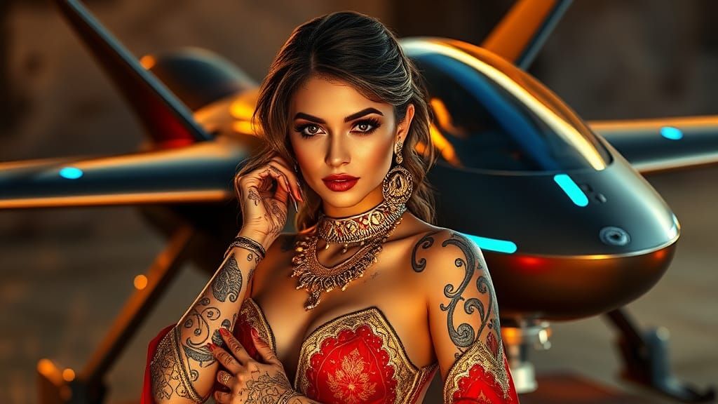 Turkish Pin-Up Model Posing with Futuristic War Drone in Rom...