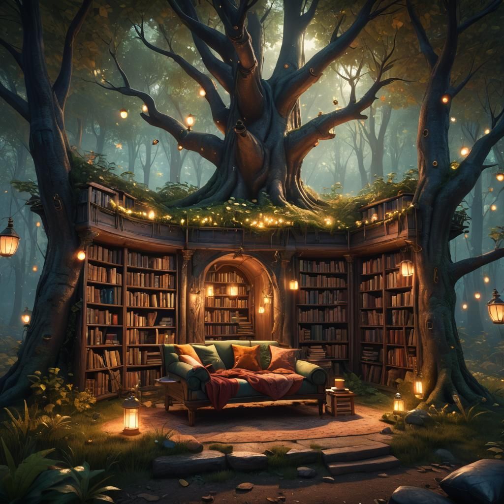 Enchanted Forest Library with Fireflies, Detailed Matte Pain...