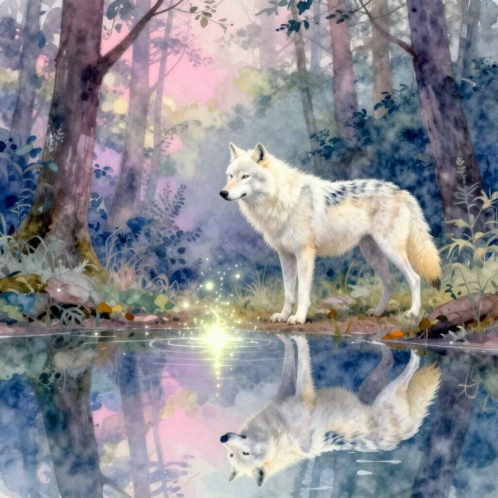 White Wolf Beside Pool Reflecting Dream World