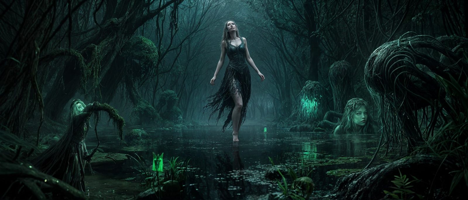 Floating Figure in Bioluminescent Swamp Dream
