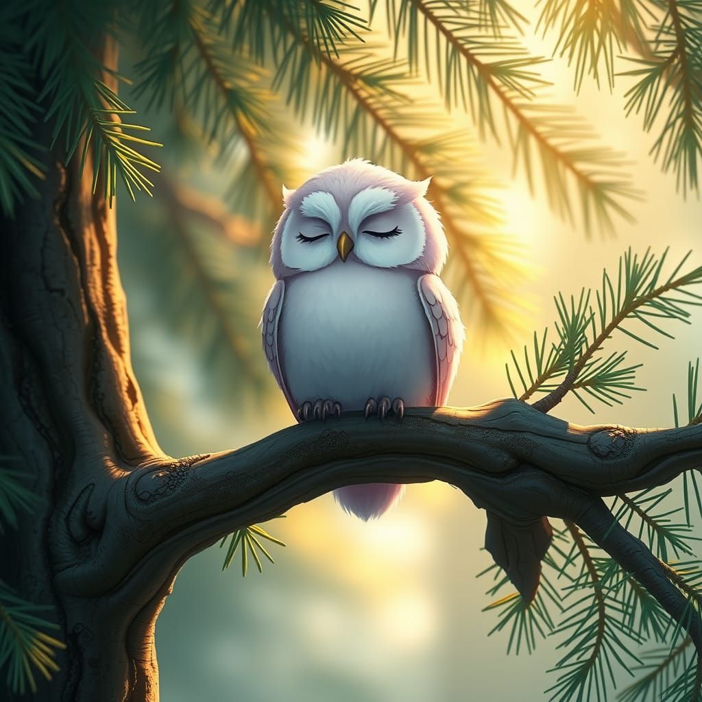 Whimsical Petite Owl in Pine Tree Landscape