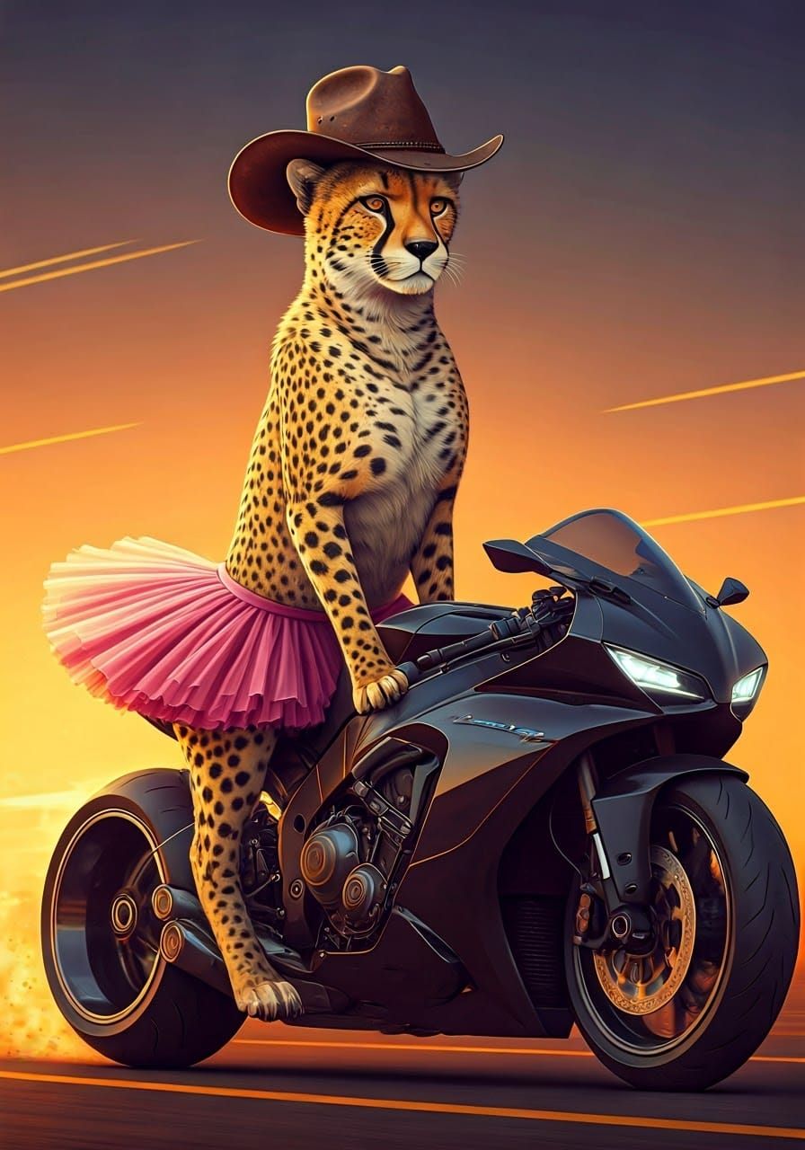Majestic Cheetah Rides Sports Bike in Sunset