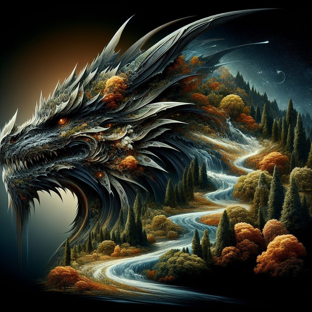 Detailed Dragon Head with Landscape Double Exposure in Matte...