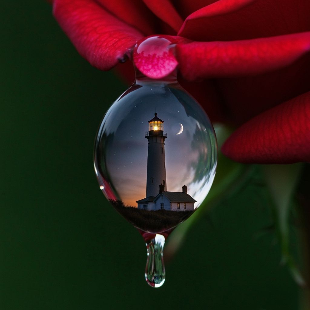 Macro Double Exposure: Rose, Raindrop, and Lighthouse Moon