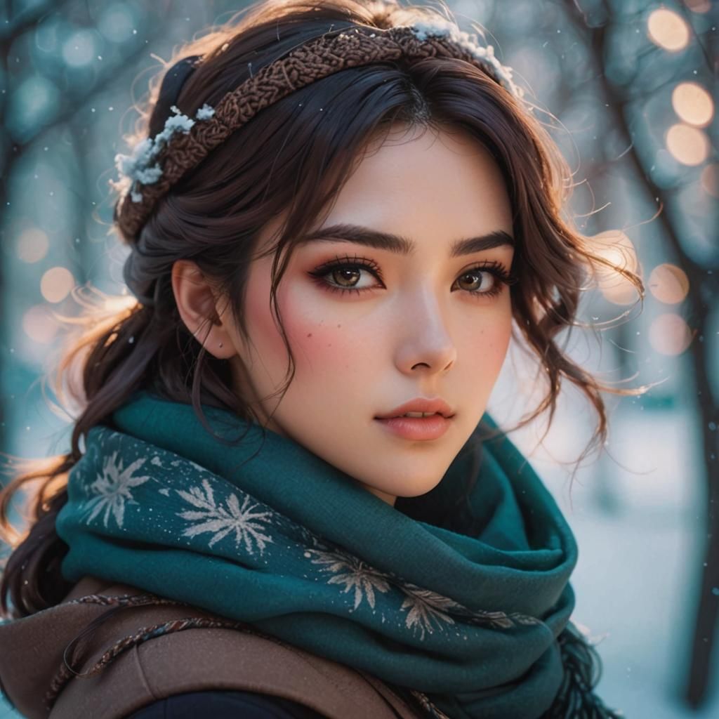 Anime Portrait of a Beautiful Woman in Winter Attire