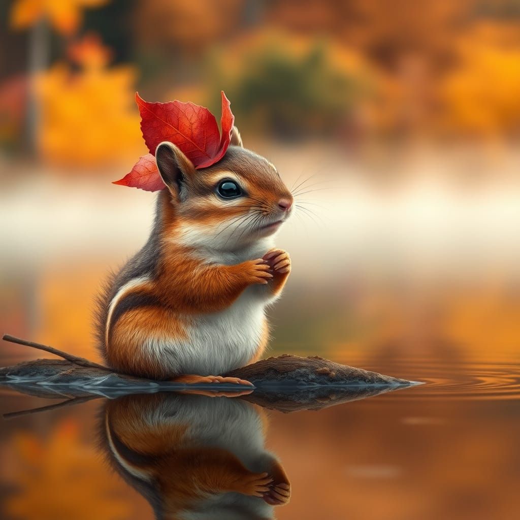 Surreal Chipmunk Portrait with Autumn Leaf Crown in Hyperrea...