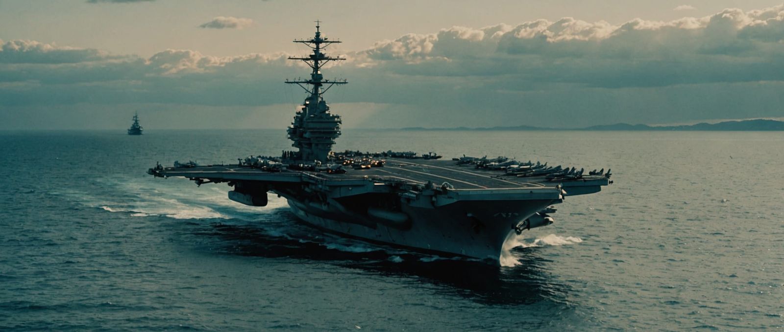 WWII Aircraft Carrier Launches Planes: Cinematic Film Still