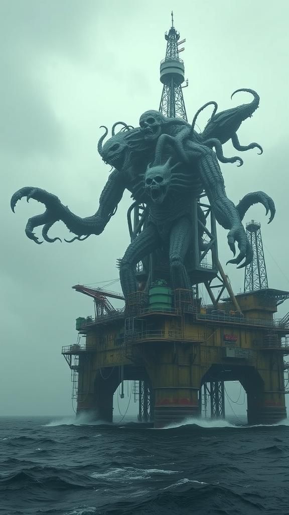 Undead Biomechanical Mass Towers Over Oil Rig