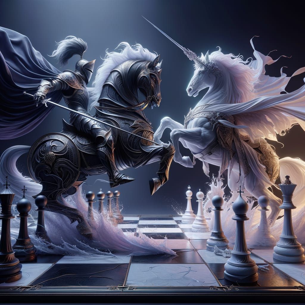 Elegant Knights Clash on Oversized Chessboard in Dark Fantas...