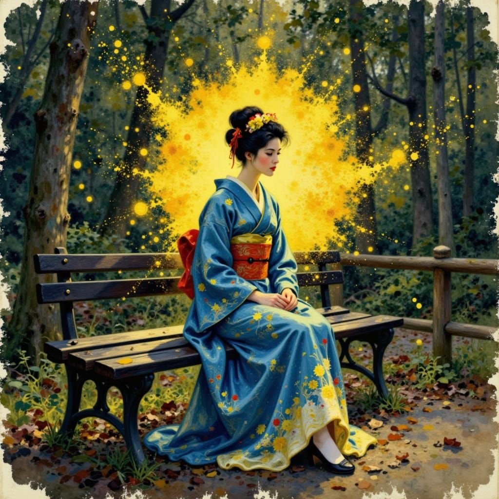 Geisha in Forest Glitchcore Style with Yellow Particles