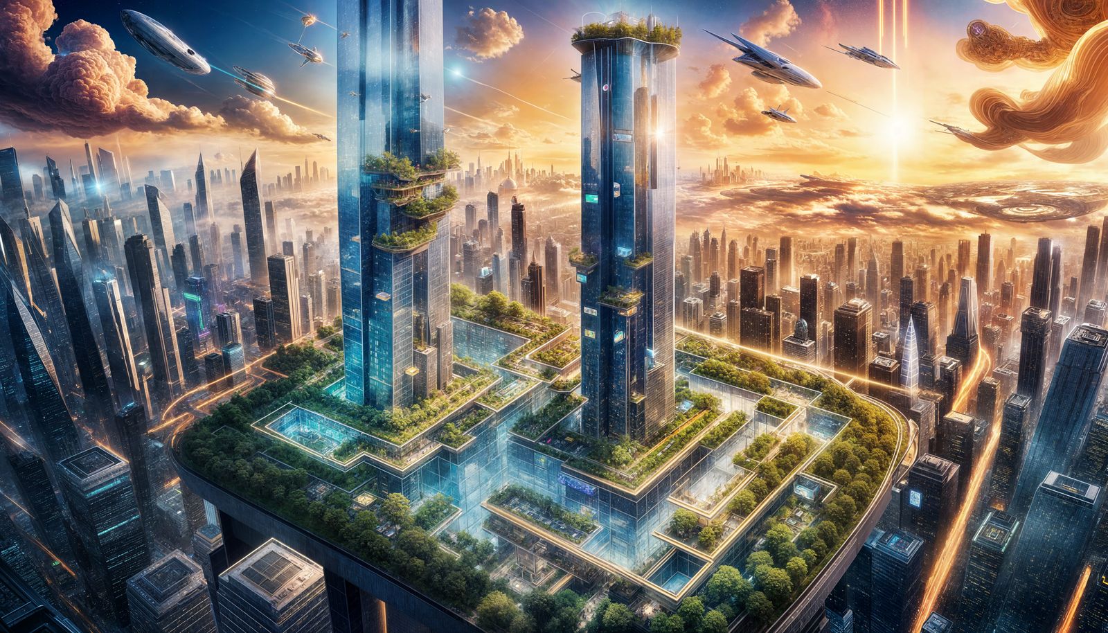 Futuristic Skyscraper with Spaceship and Holographic Globe