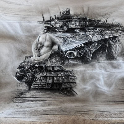 Russian Man and Armata Tank in Charcoal