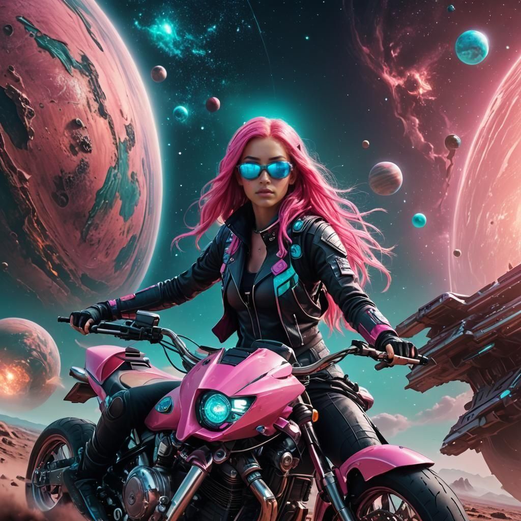 Beautiful Futuristic Girl on Spaceship Motorcycle to Magic P...