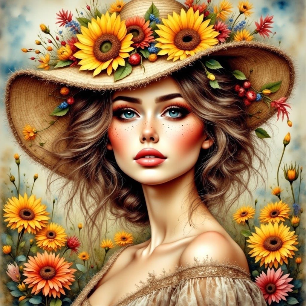 Woman with Floral Hat in Impressionistic Style