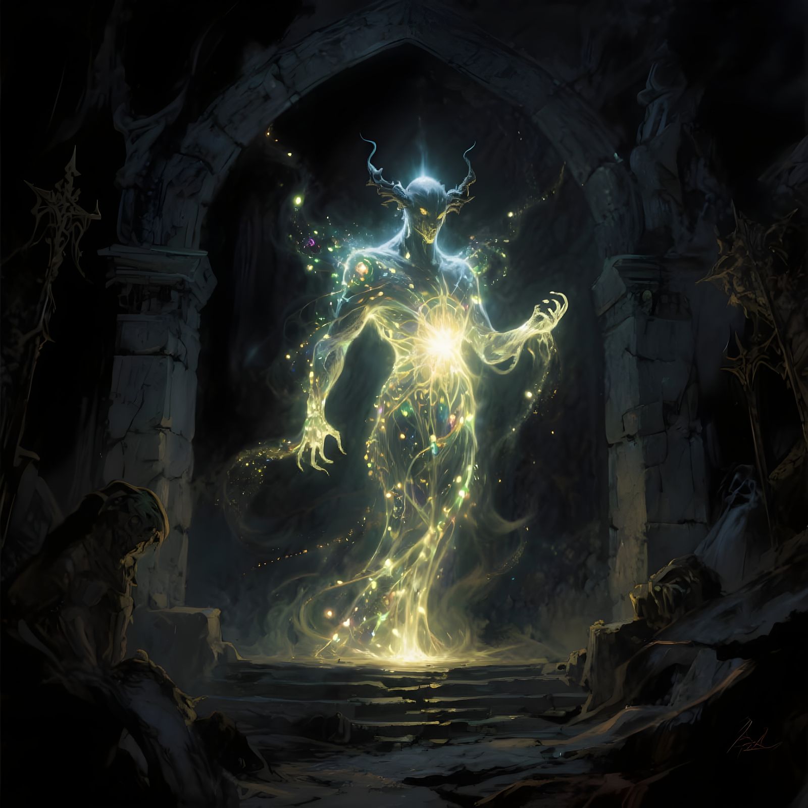 Sinister Light Entity in Dark Tomb, Fantasy Art Style