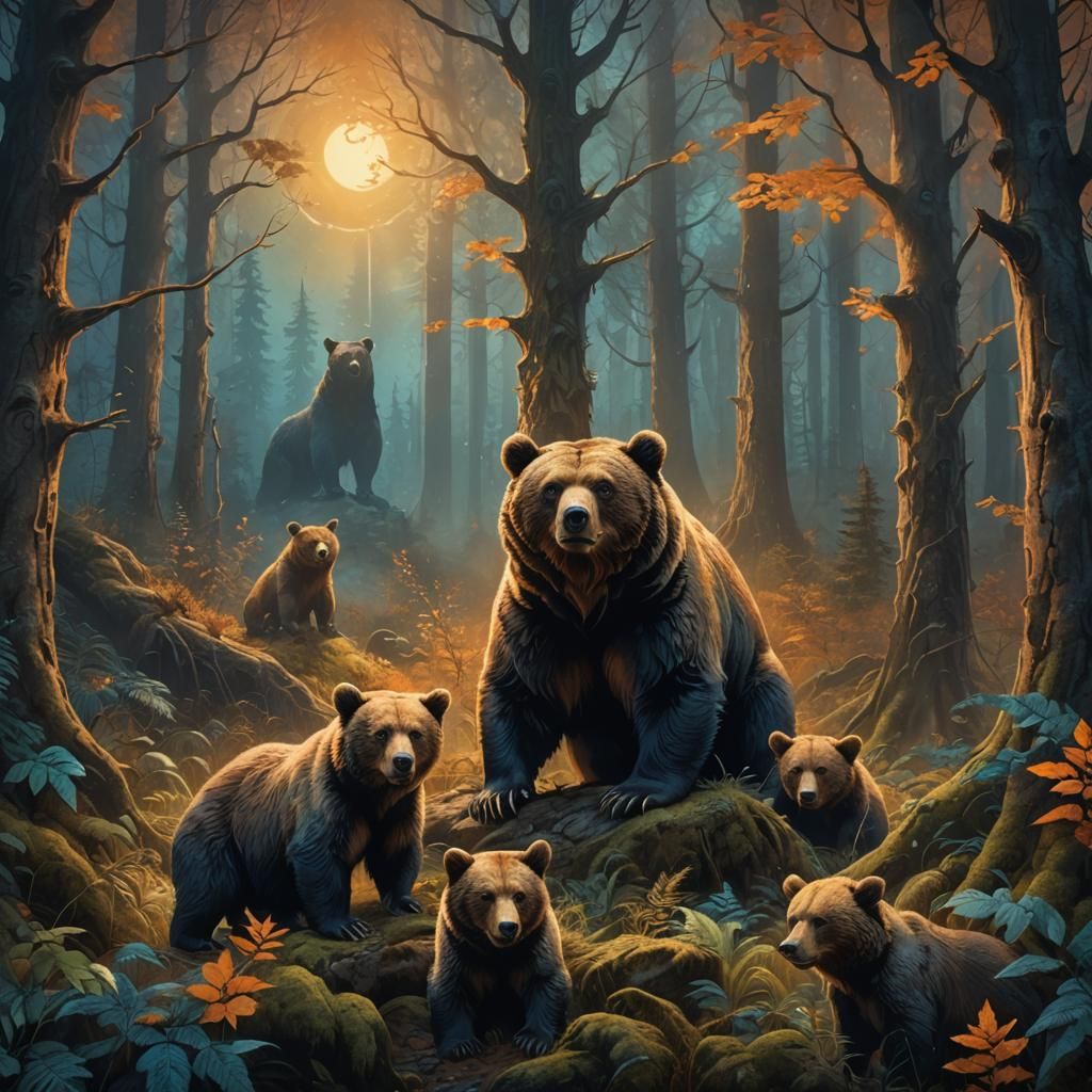 Mystical Bear Family Tapestry in Mixed Media