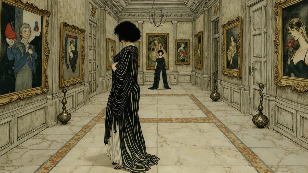 Woman in Art Gallery, Arthur Rackham Style