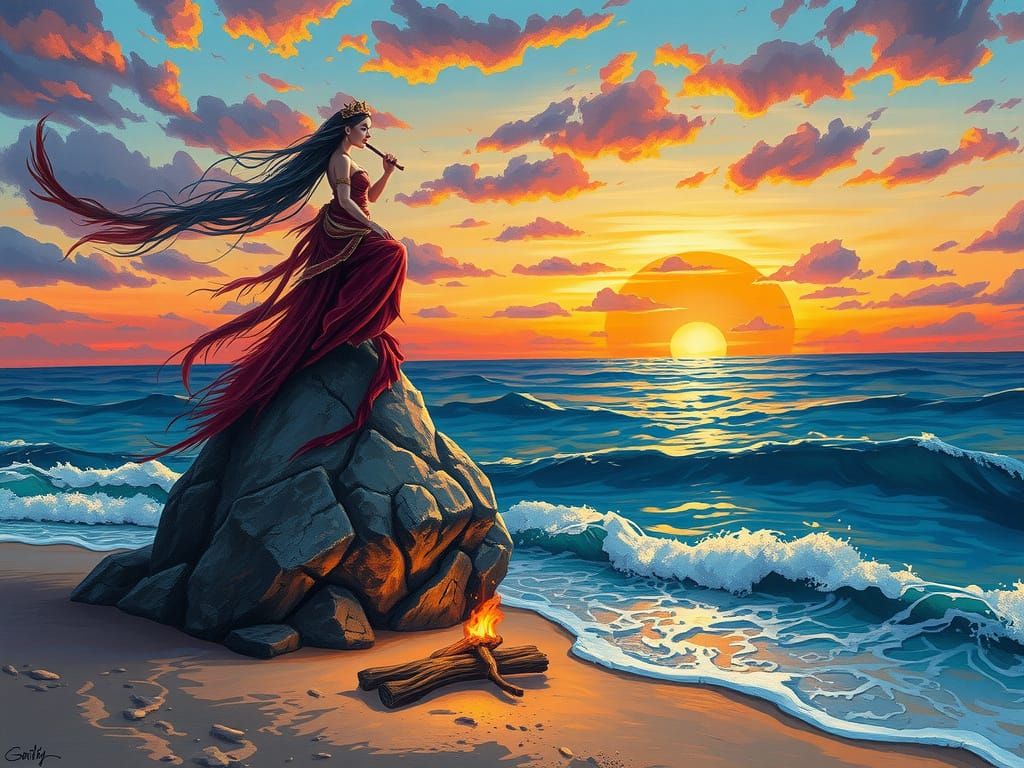 Mystical Siren in Vibrant Sunset Scene