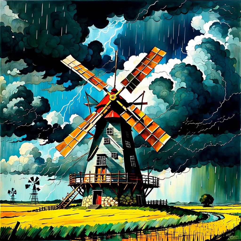 Whimsical Lightning Strikes Windmill: Surreal Mixed Media