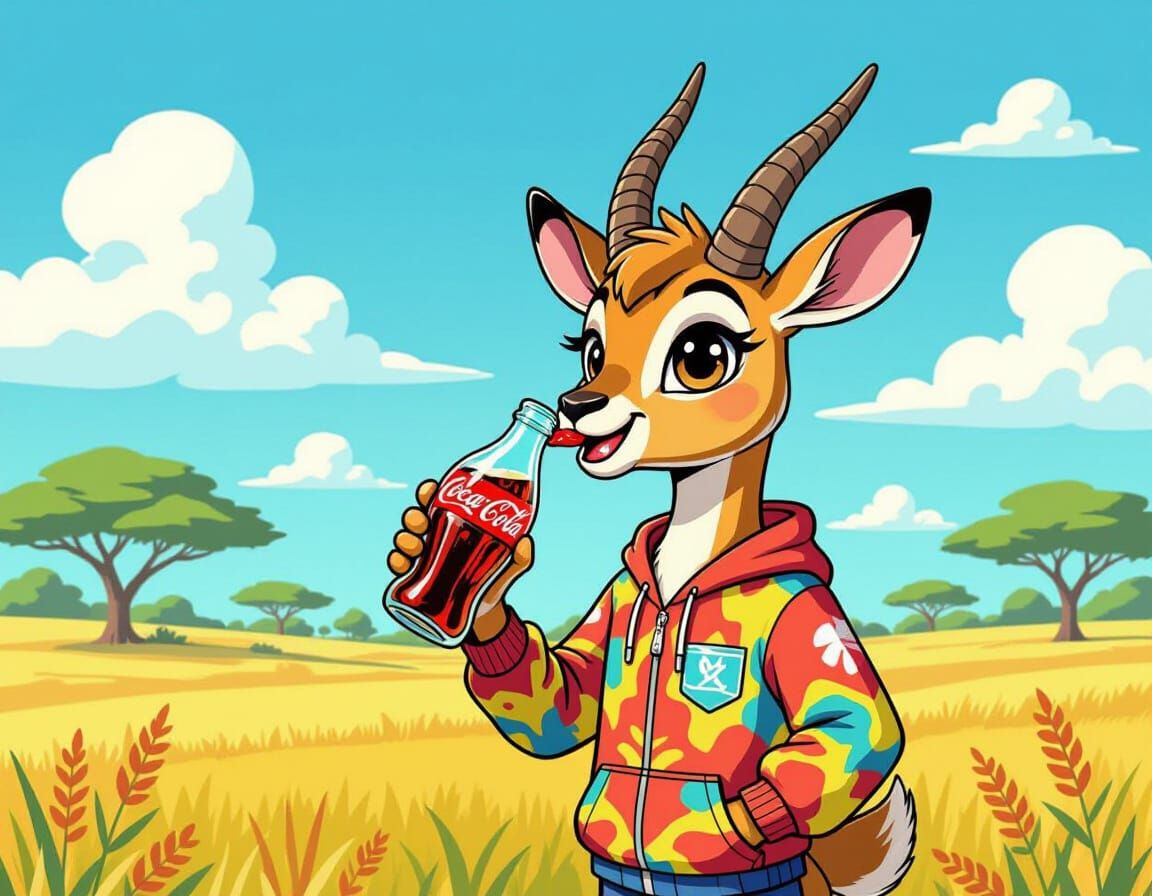Cartoon Antelope Drinks Coke in Sunny Savanna