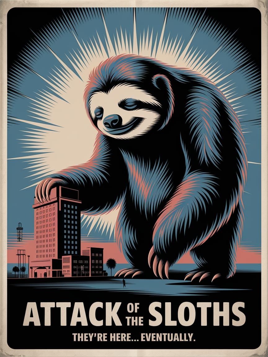 Giant Sloth Attacks City in 1950s Sci-Fi Poster Style