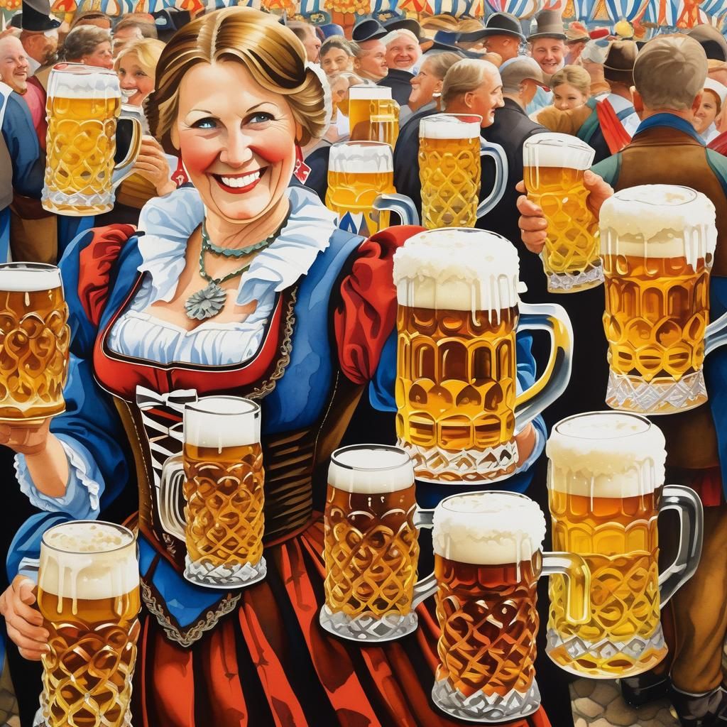 Bavarian Oktoberfest Woman with Beer: Folk Art Aquarelle