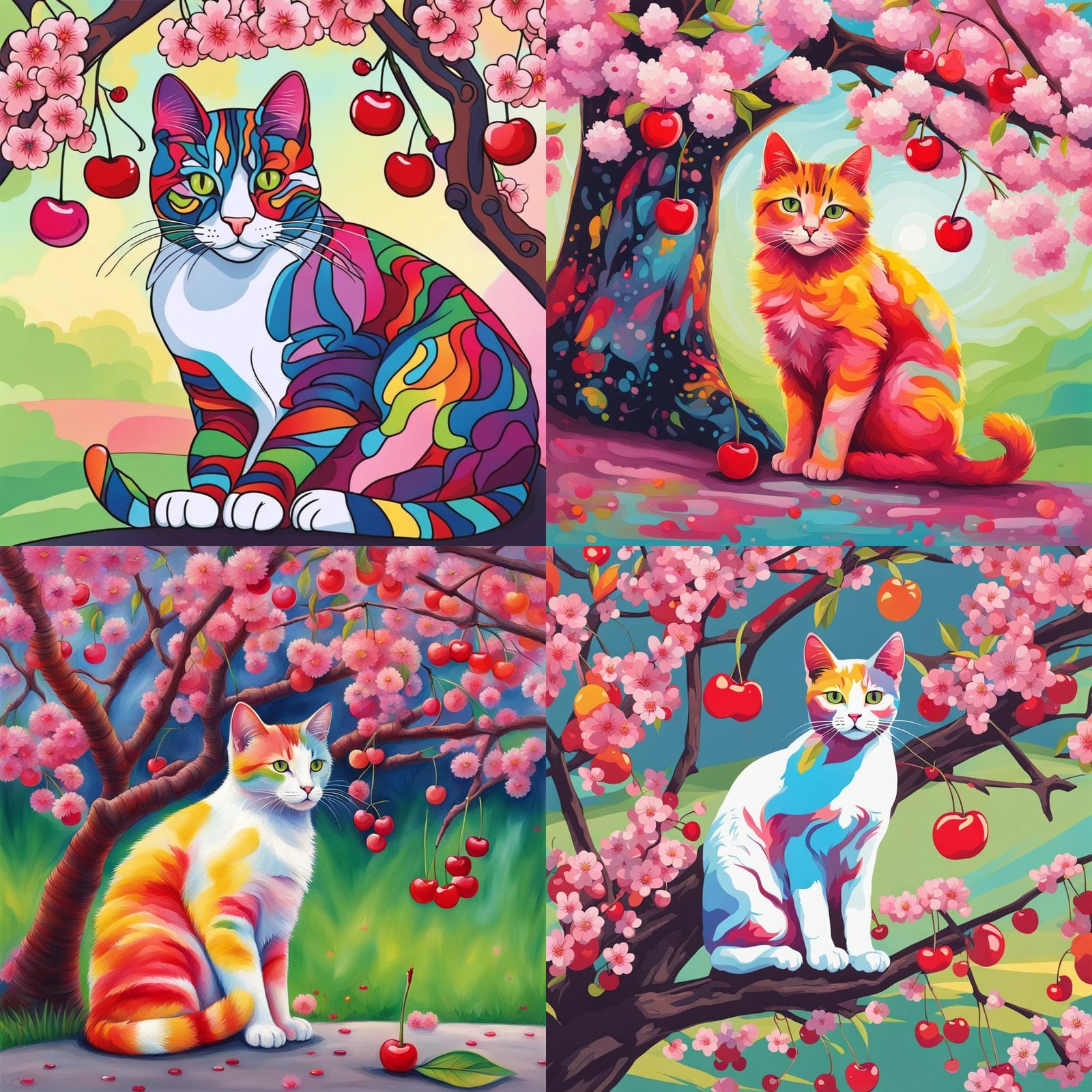 Colorful Cat with Cherry Tree Art