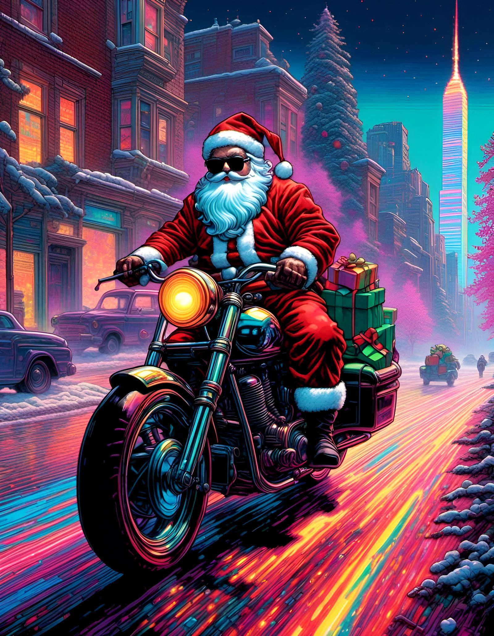 Santa Claus Motorcycle Ride in Pixel Art Style