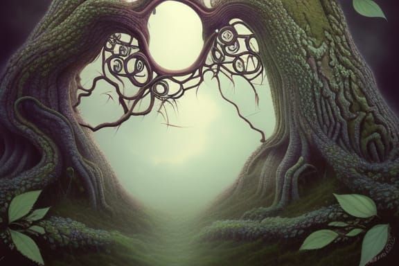 Mystical Oak Tree with Wildflowers and Cobwebs