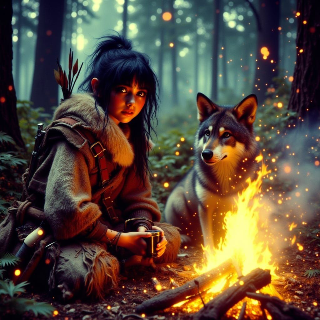 Forest Girl Drying by Fire After River Fall