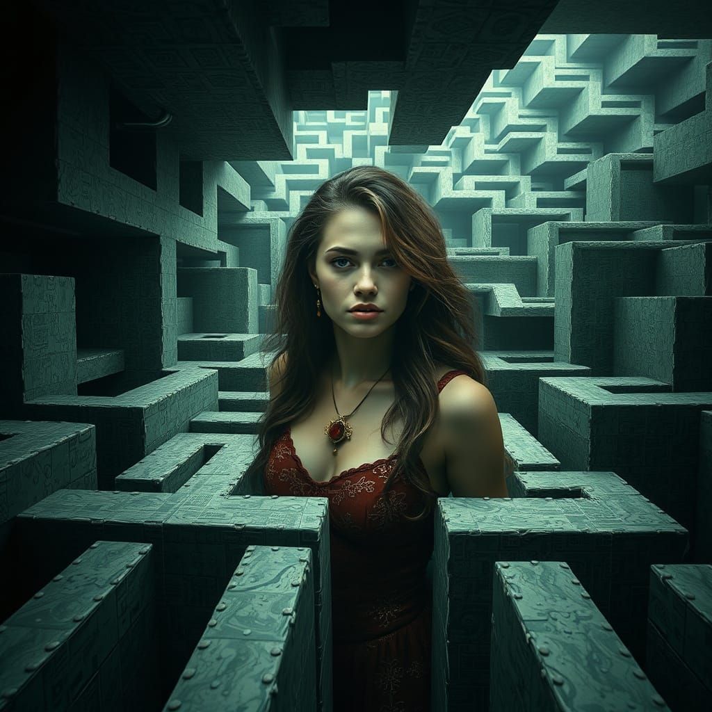 Hyperrealistic Woman Trapped in Escher-esque Maze