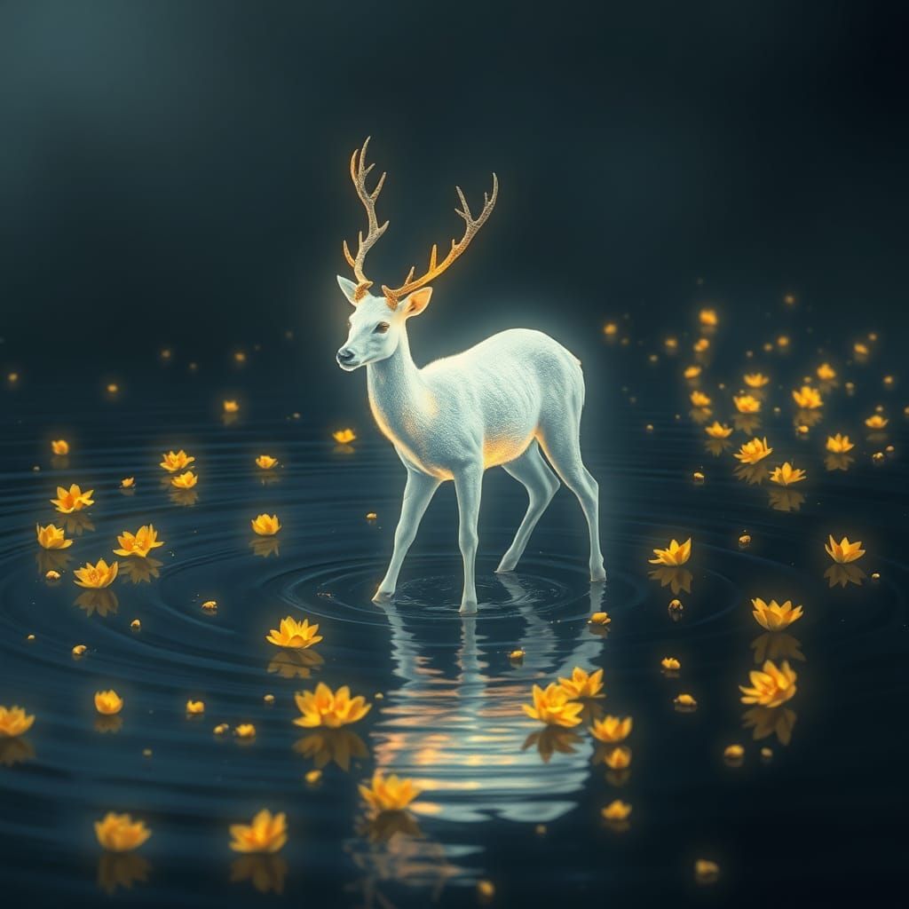 Ethereal White Deer at Water's Edge with Golden Flowers