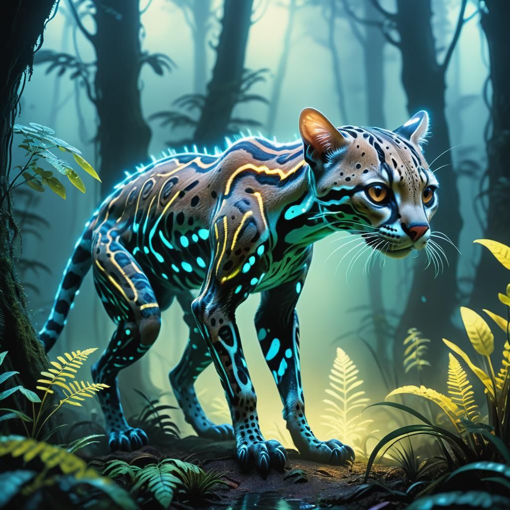 Ocelot-like Alien Creature in Bioluminescent Forest