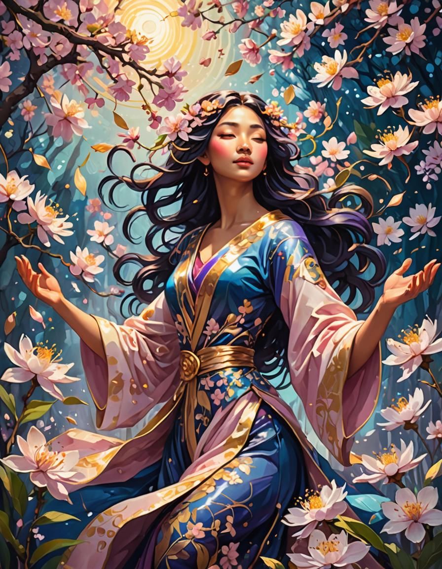 Celestial Flower Goddess in Vibrant Garden