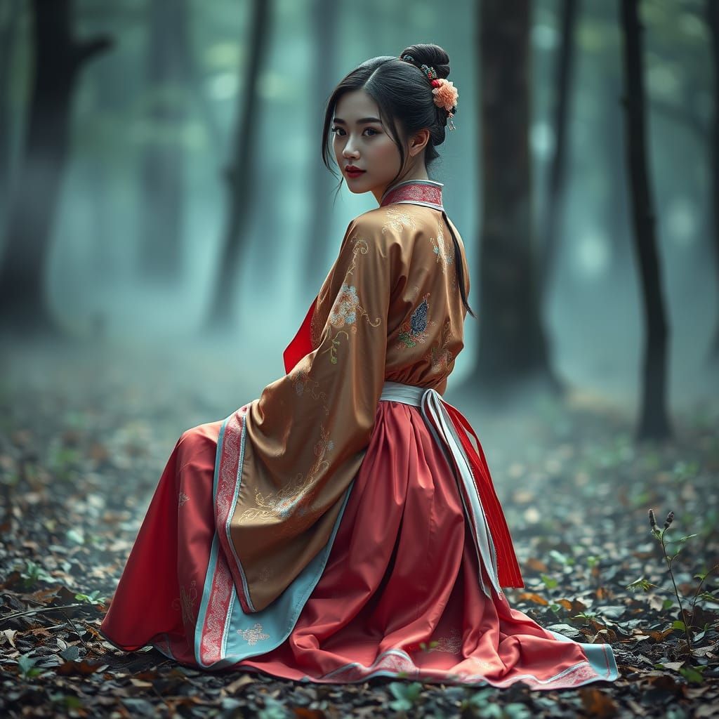 Korean Woman in Hanbok in Misty Forest, Digital Art