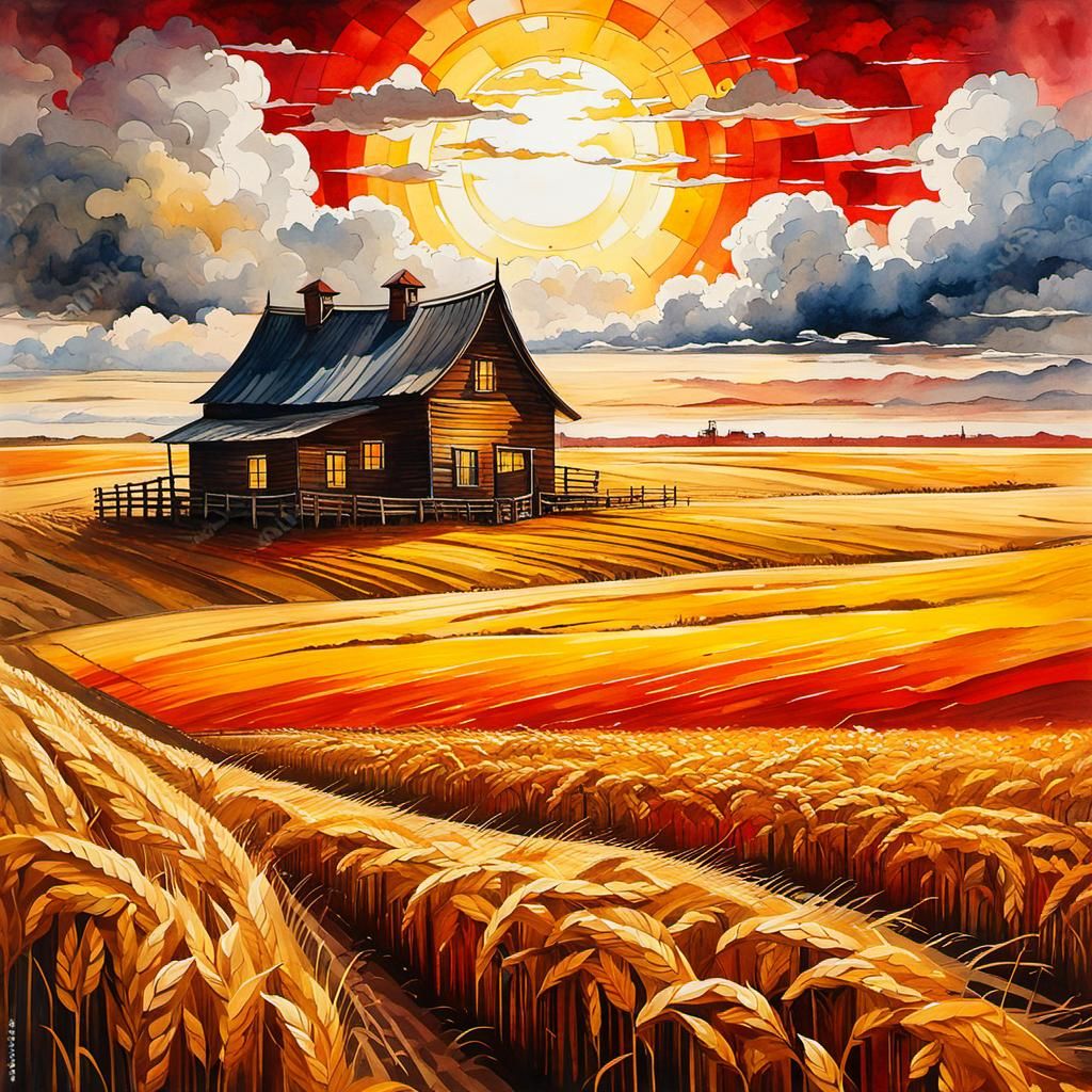 Farmhouse in Golden Field: Detailed Illustration