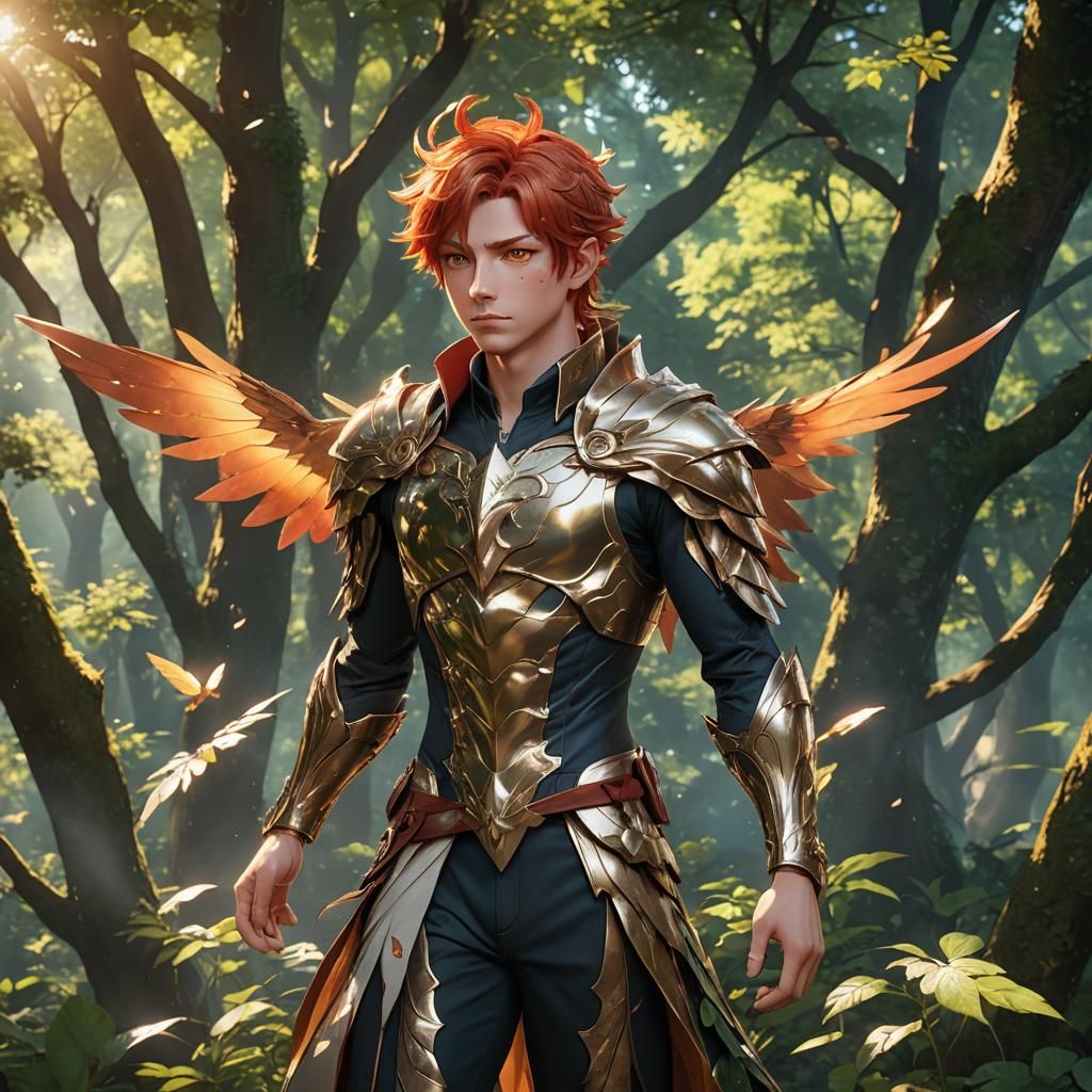 Handsome Fae with Red Hair in Forest, Anime Art