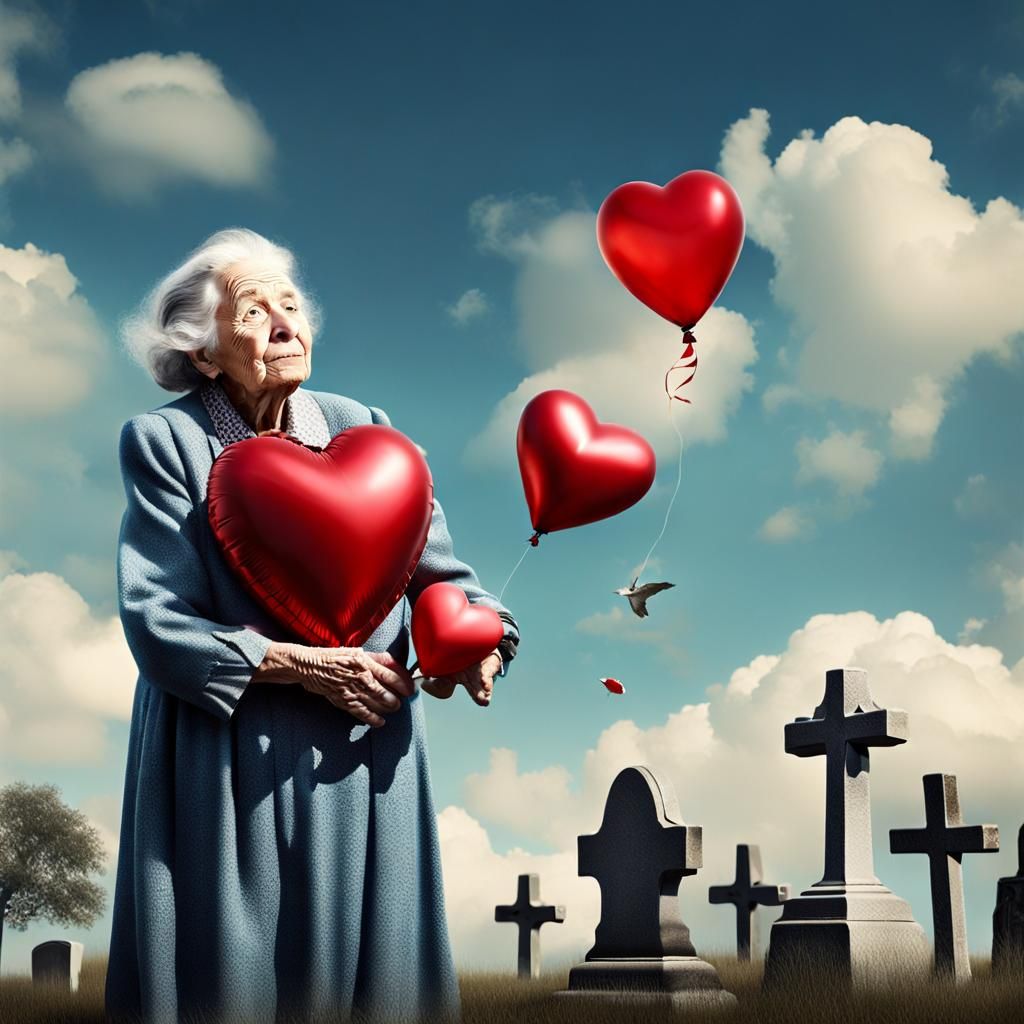 Old Woman Floats with Heart Balloon