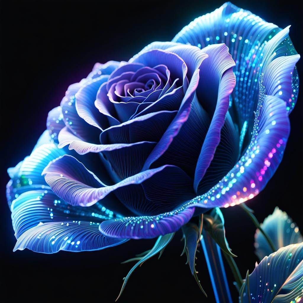 Holographic Blue Rose at Night in Rococo Style