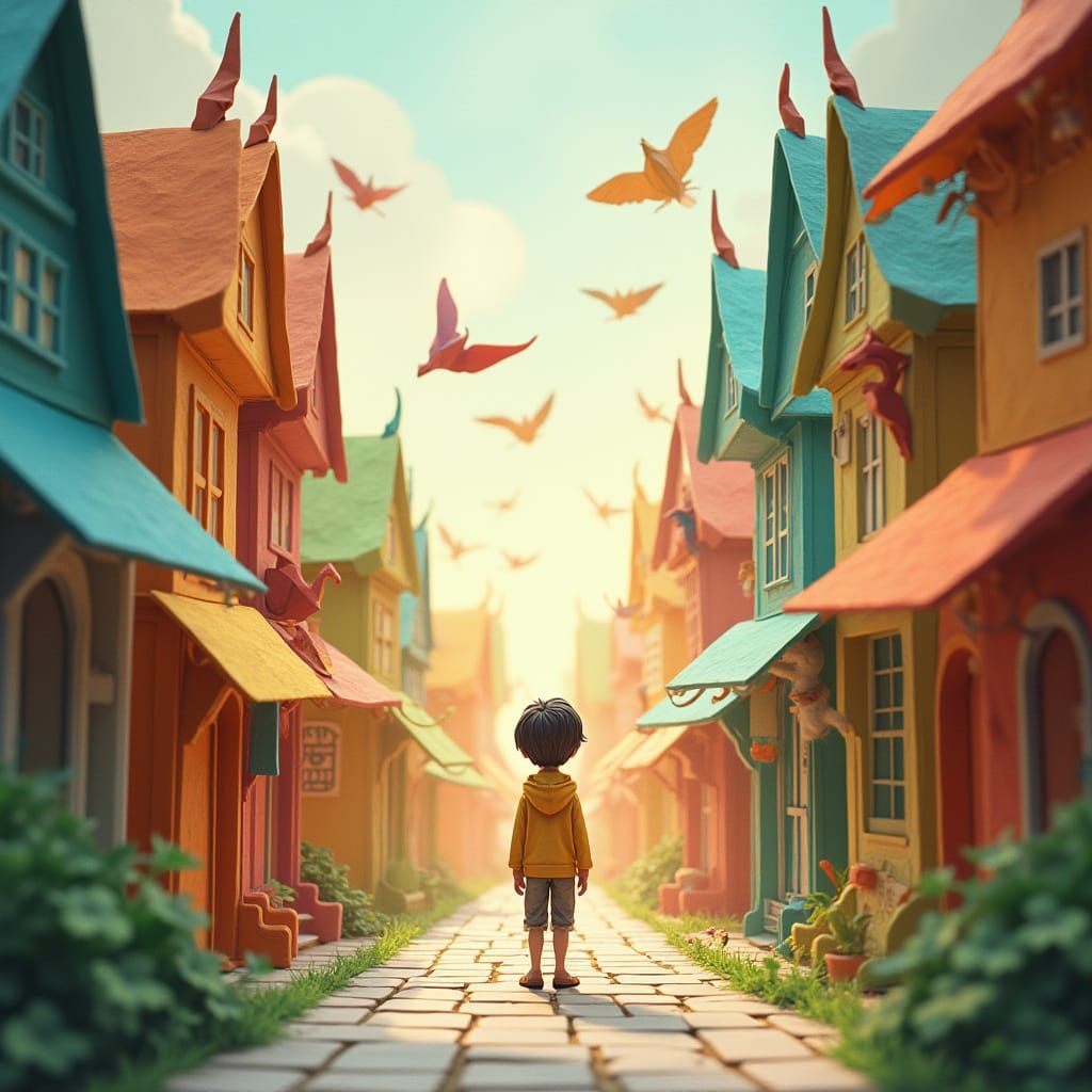 Paperboy in an Origami Town, Digital Painting Style